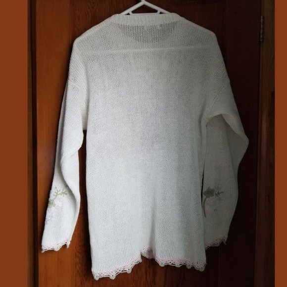 Vintage, embroidery floral leaf, lace crochet, white cotton sweater M L, Instyle - Picture 4 of 8